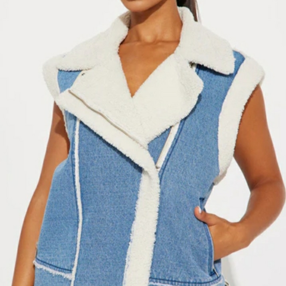 Fashion Nova Blue and Cream Shearling-Lined Denim Vest